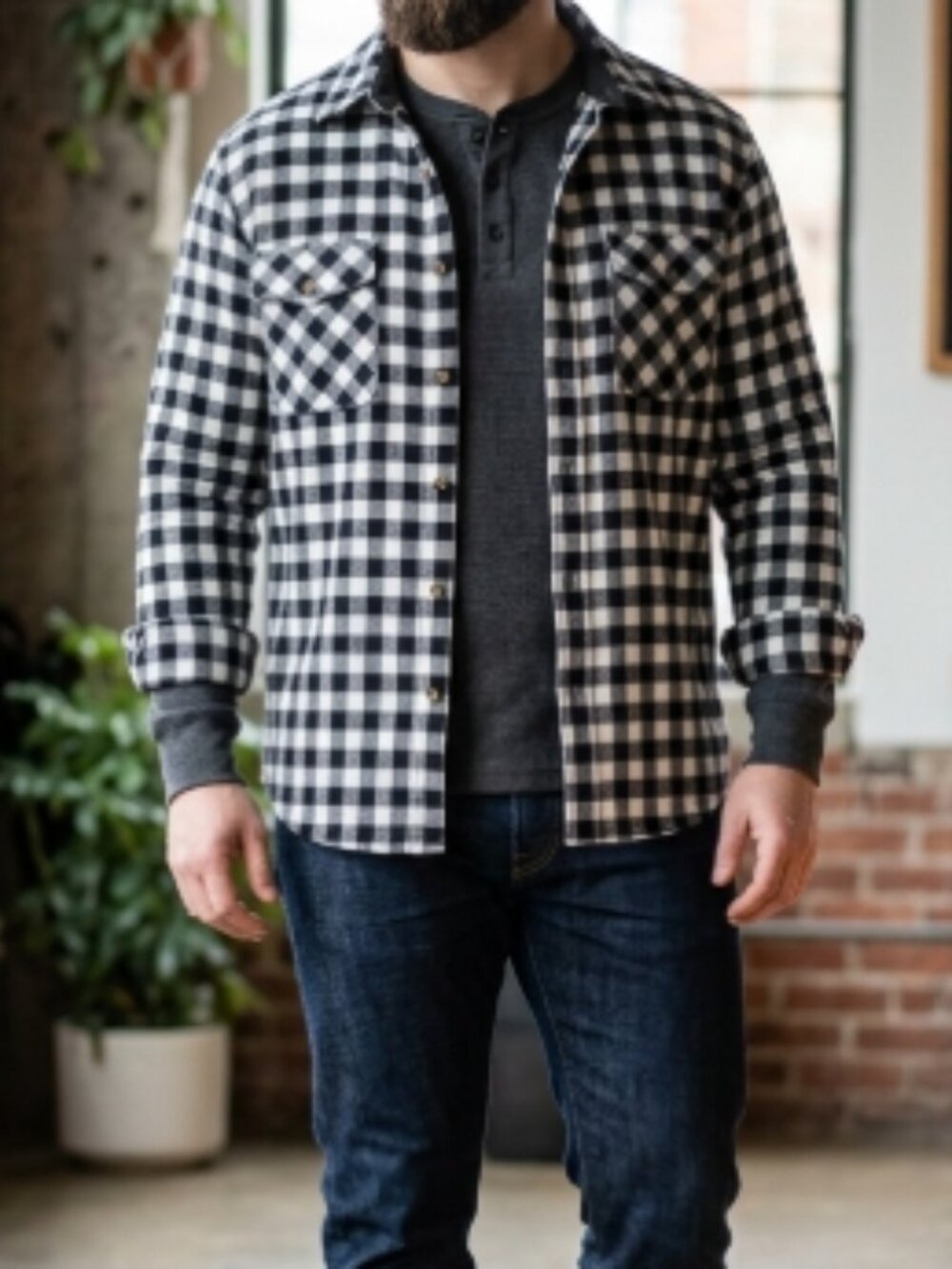 Vintage Backpacker Black White Check Button-Up Flannel Shirt L Workwear Outdoor